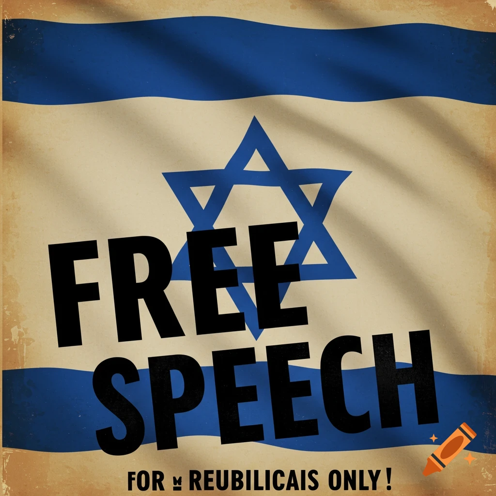 Vintage propaganda poster of the Israeli flag with 'FREE SPEECH' and 'FOR REUBILICAIS ONLY!' text.
