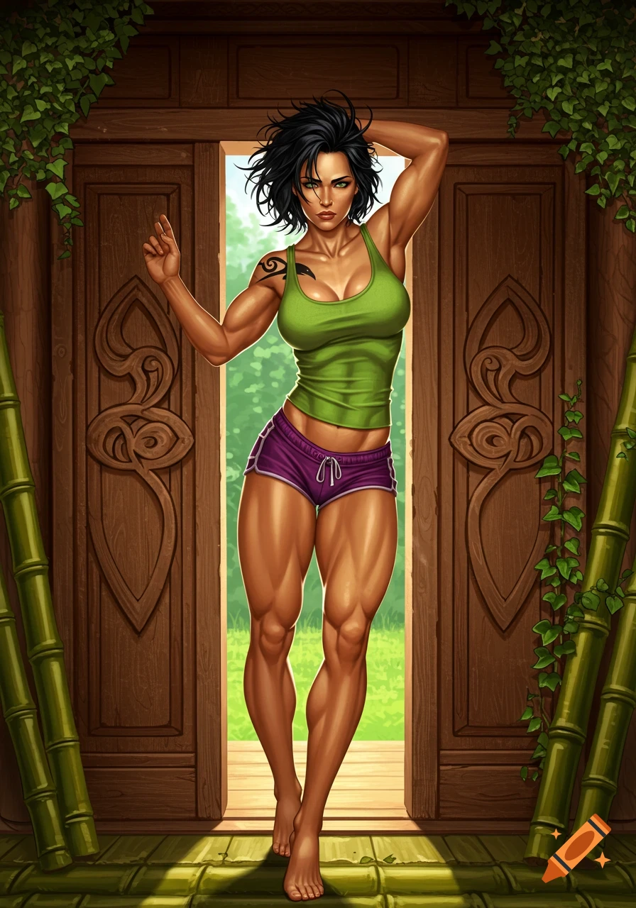 Athletic Celtic woman with short black hair and a raven tattoo stands in an Asian cottage doorway, wearing a green tank top and purple shorts.