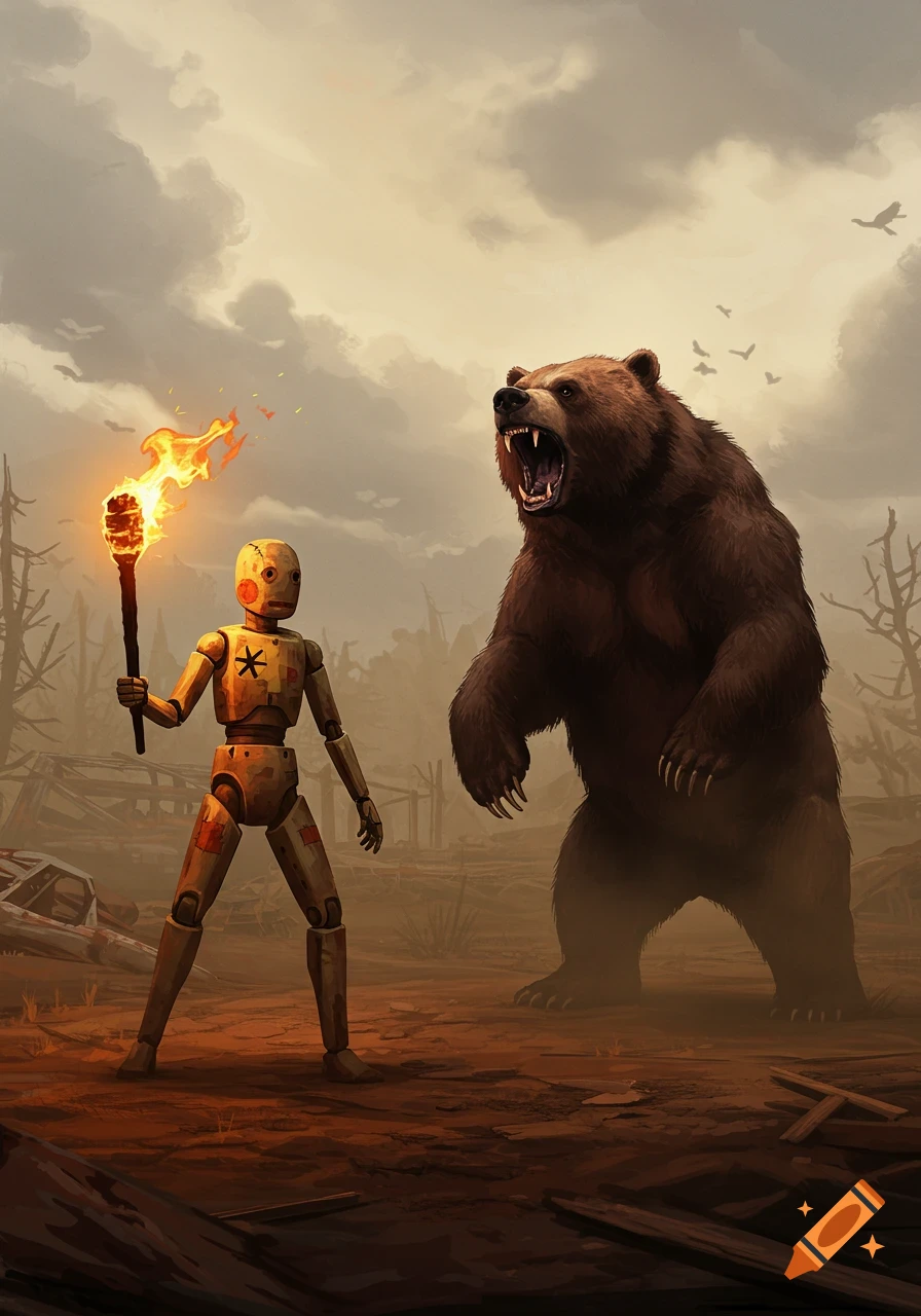 A crash test dummy holding a flaming torch faces a roaring brown bear in a desolate, post-apocalyptic landscape.