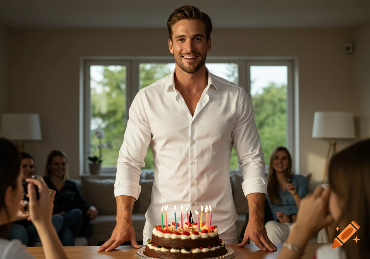A handsome man smiles, standing behind a lit birthday cake as blurred people watch in the background.