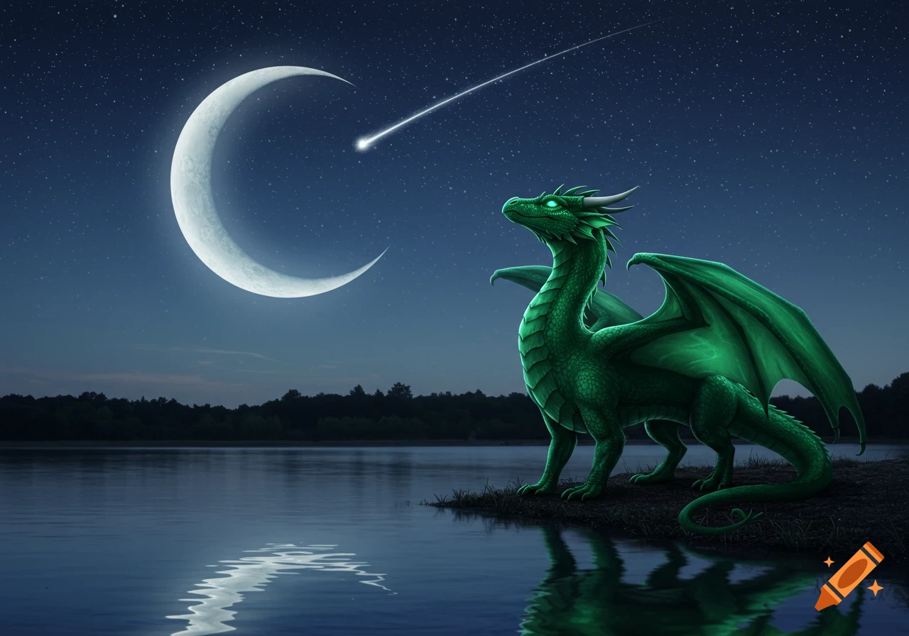 A green dragon with glowing eyes looks up at a crescent moon and a shooting star over a lake with reflections on a starry night.