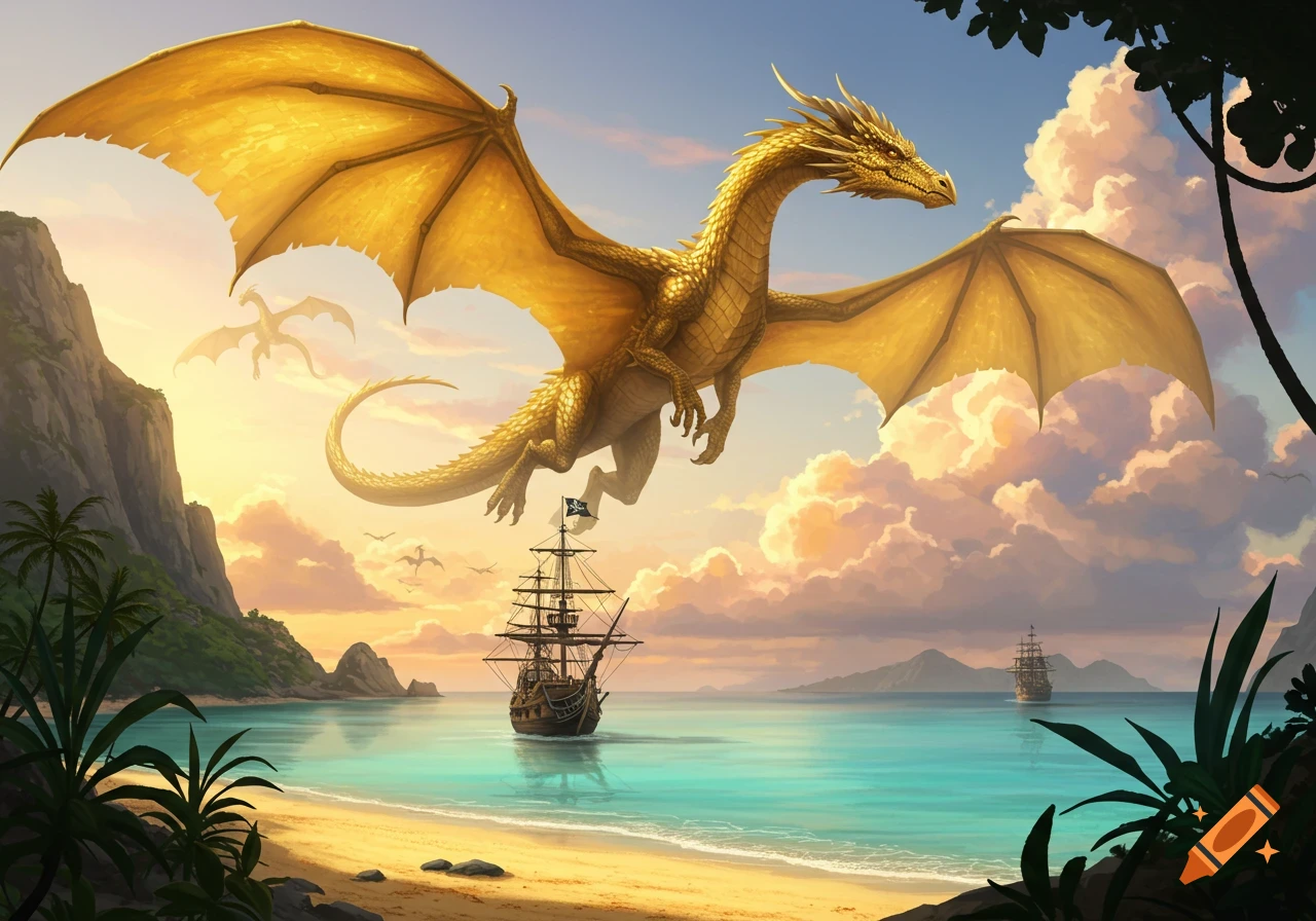 A majestic golden dragon flies over a turquoise tropical bay with pirate ships near a sandy beach, under a colorful sky.