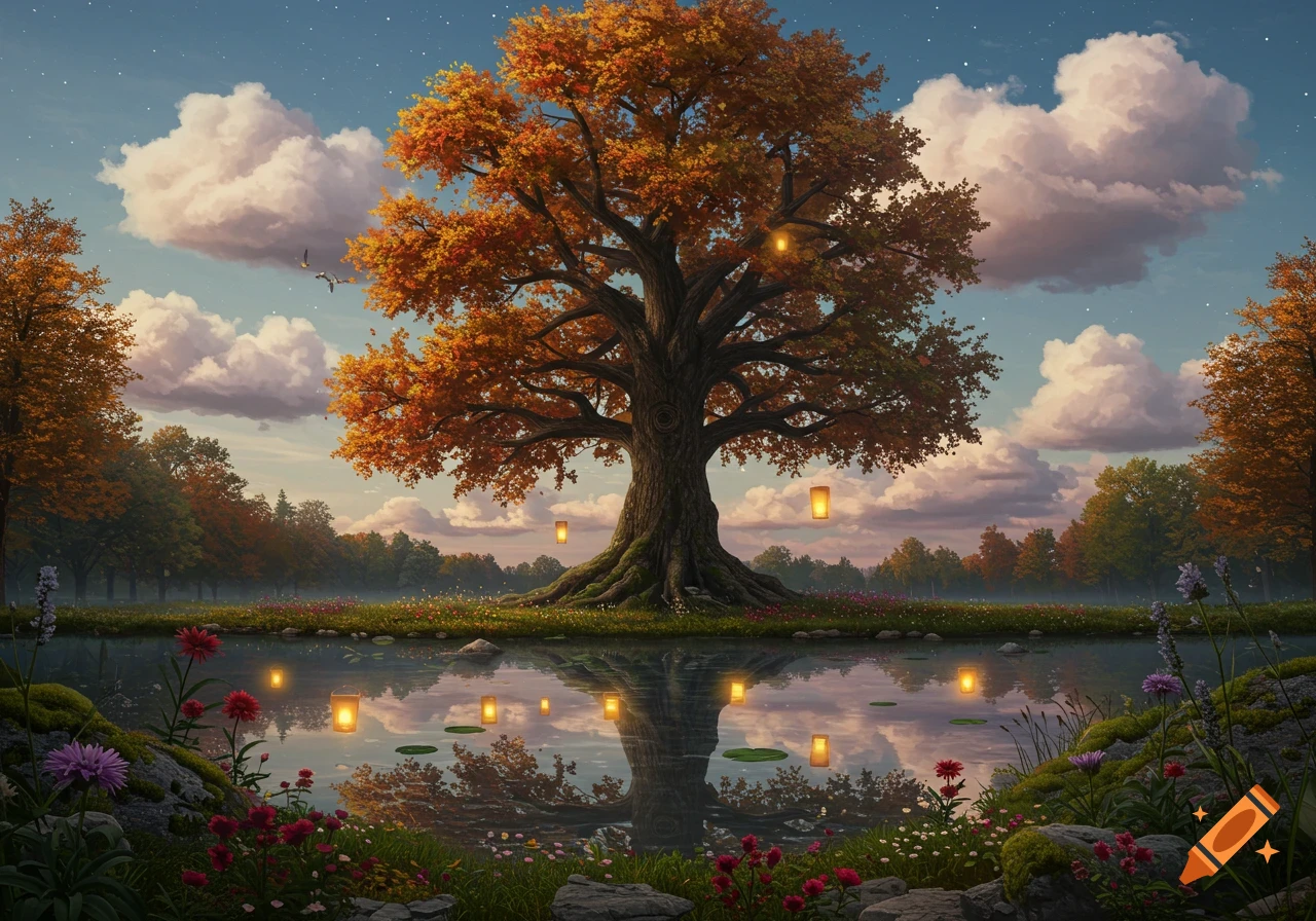 A majestic autumn tree with vibrant orange leaves stands by a calm pond reflecting glowing lanterns under a starlit, cloudy sky.