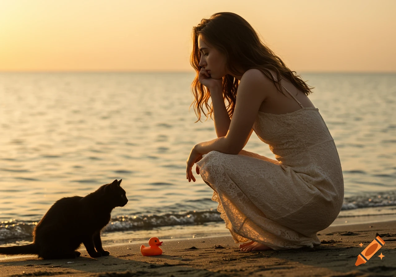 A woman squats on a beach at sunset, looking at a black cat next to a rubber duck near the ocean.