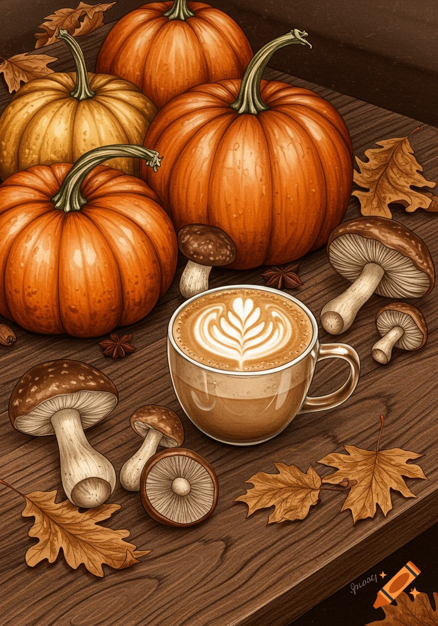 A detailed drawing of fall still life with pumpkins, mushrooms, autumn leaves, and a latte with leaf art on a wooden table.