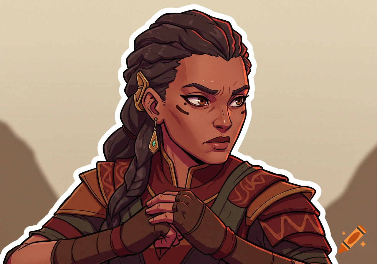 Stylized digital illustration of a determined dark-skinned woman with braided hair and armor, hands clasped, looking right.