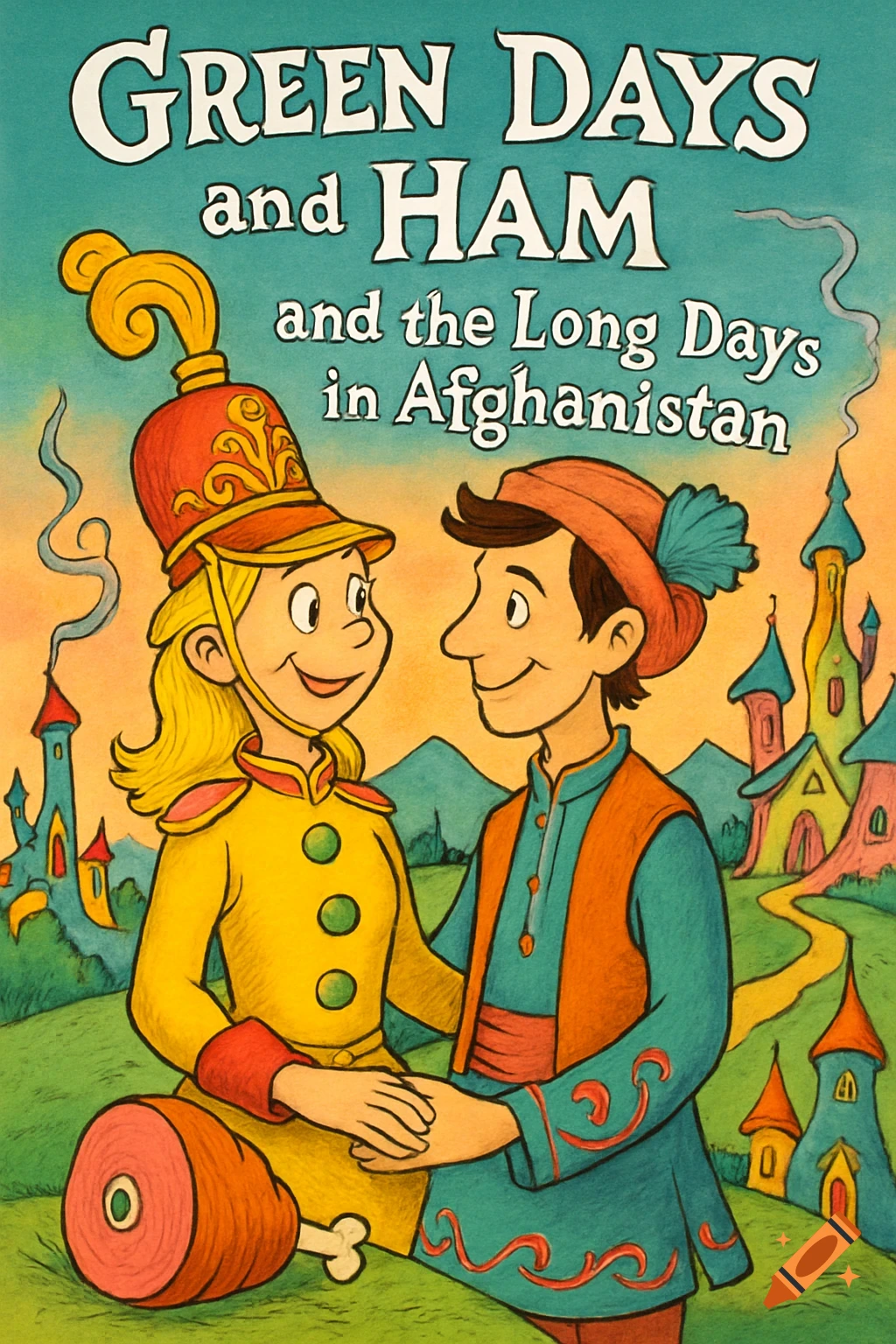 Dr. Seuss-style book cover with a soldier girl and a man, title 'Green Days and Ham and the Long Days in Afghanistan' above a ham, fantastical background.