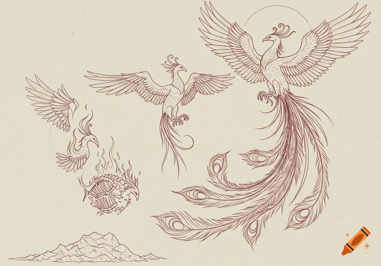 Fine line drawing of three phoenixes in various stages of rebirth, including one rising from flames, on a textured background.