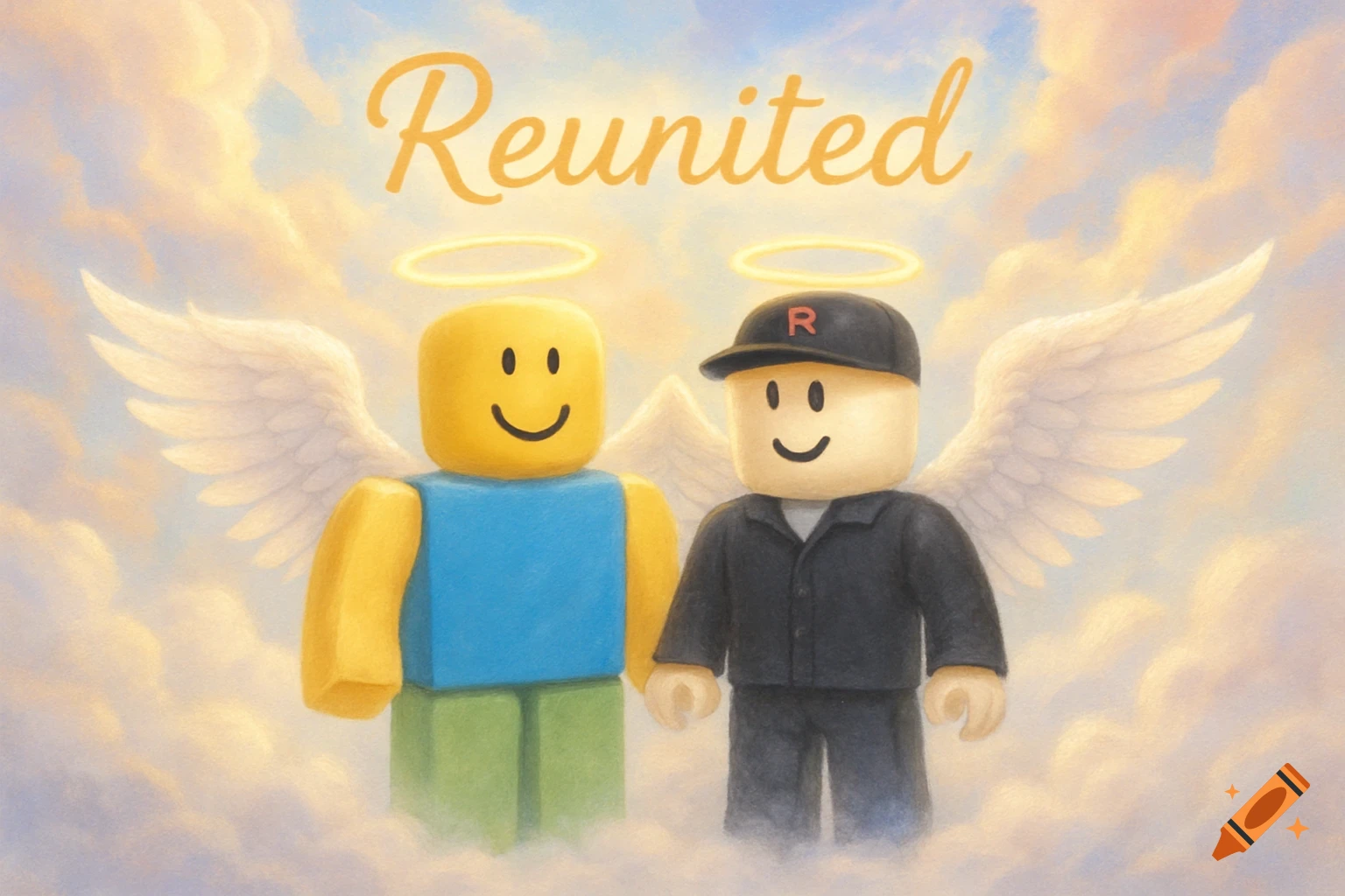 Two Roblox characters, a Noob and a Guest with angel wings and halos, float in a cloudy sky with 'Reunited' text.