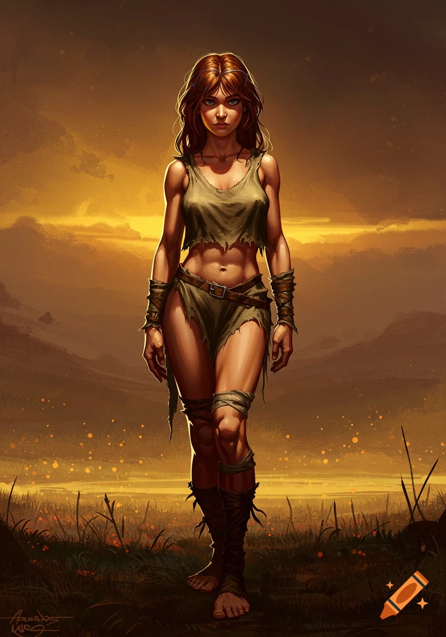 Red-haired medieval woman in tattered rags stands dramatically in a golden, barren landscape, Frazetta-style illustration.