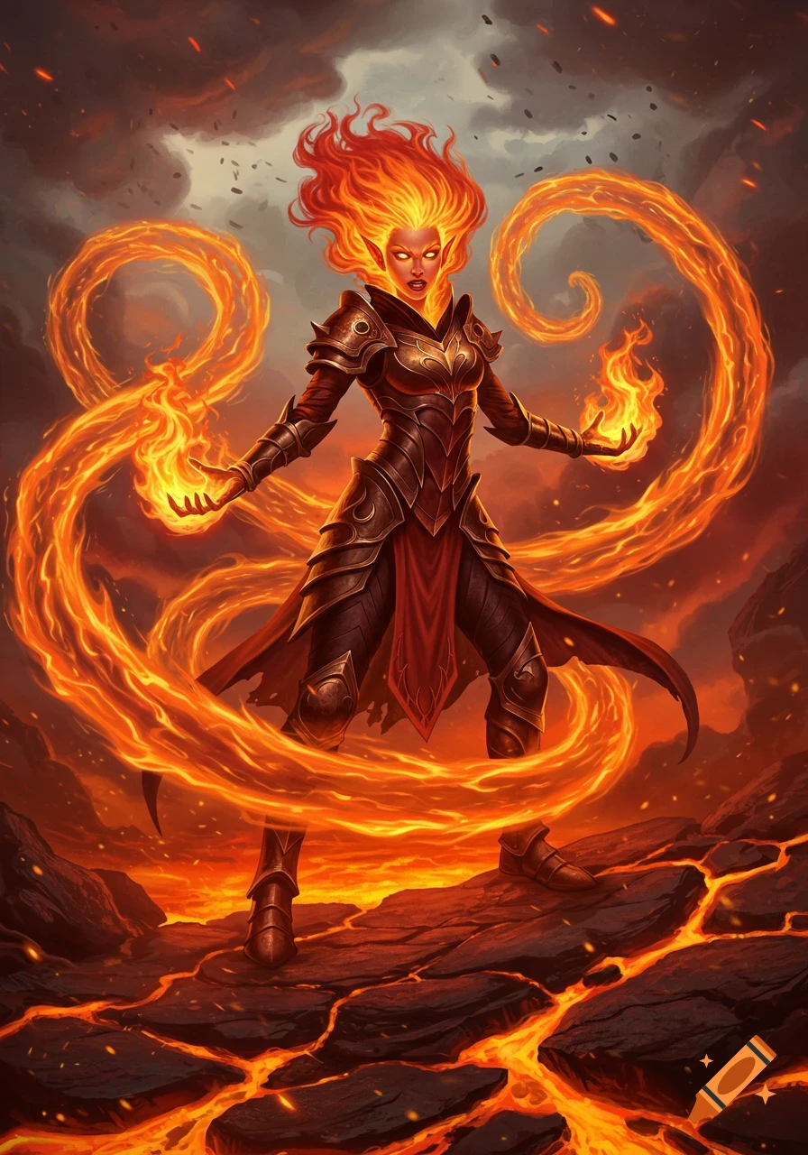A female fire elemental warrior in dark armor wields swirling flames on a molten volcanic landscape in a fantasy art style.