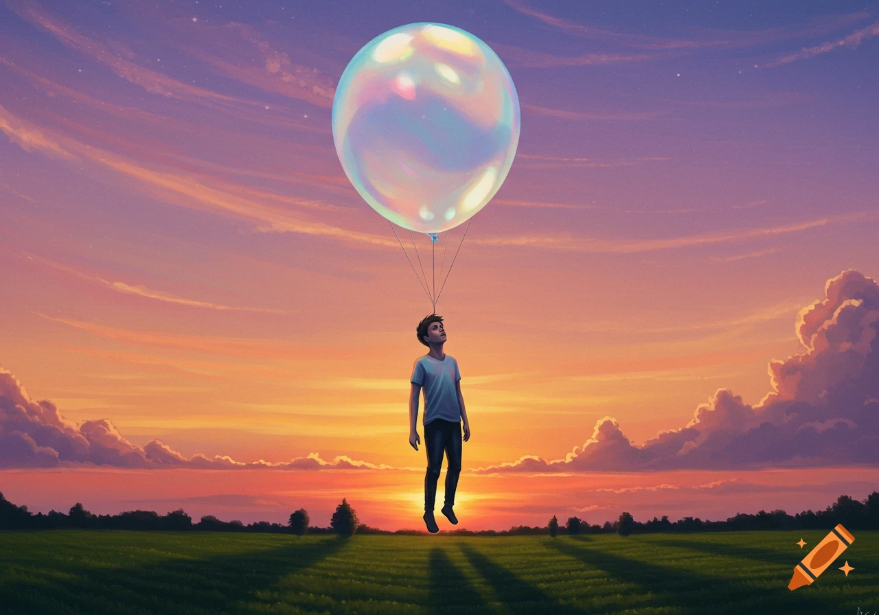 A person floats above a green field, held by a large, iridescent bubble-like balloon against a vibrant sunset, digital art.