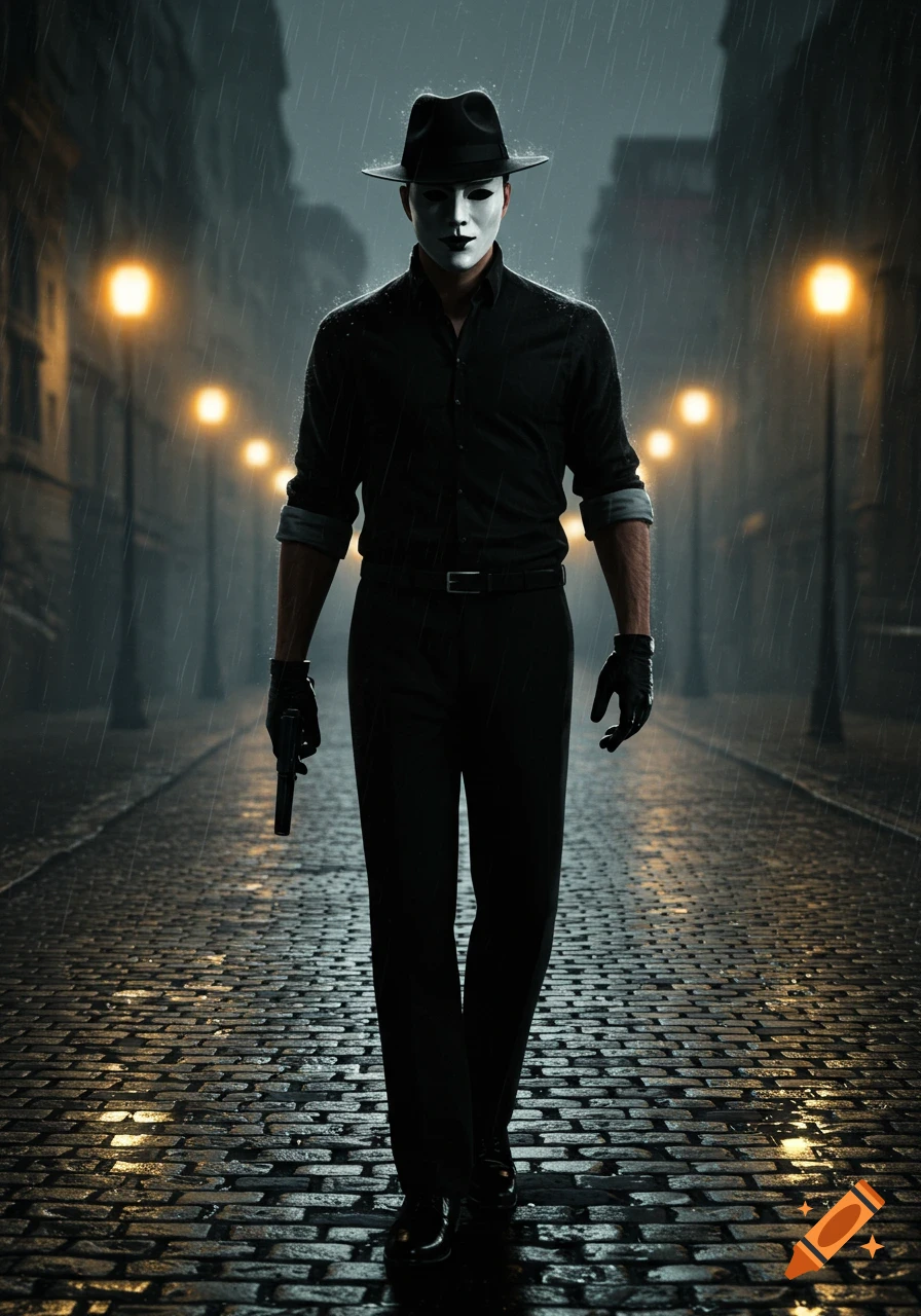 A masked man in a black fedora, shirt, pants, and gloves walks on a rainy cobblestone street at night, holding a gun.