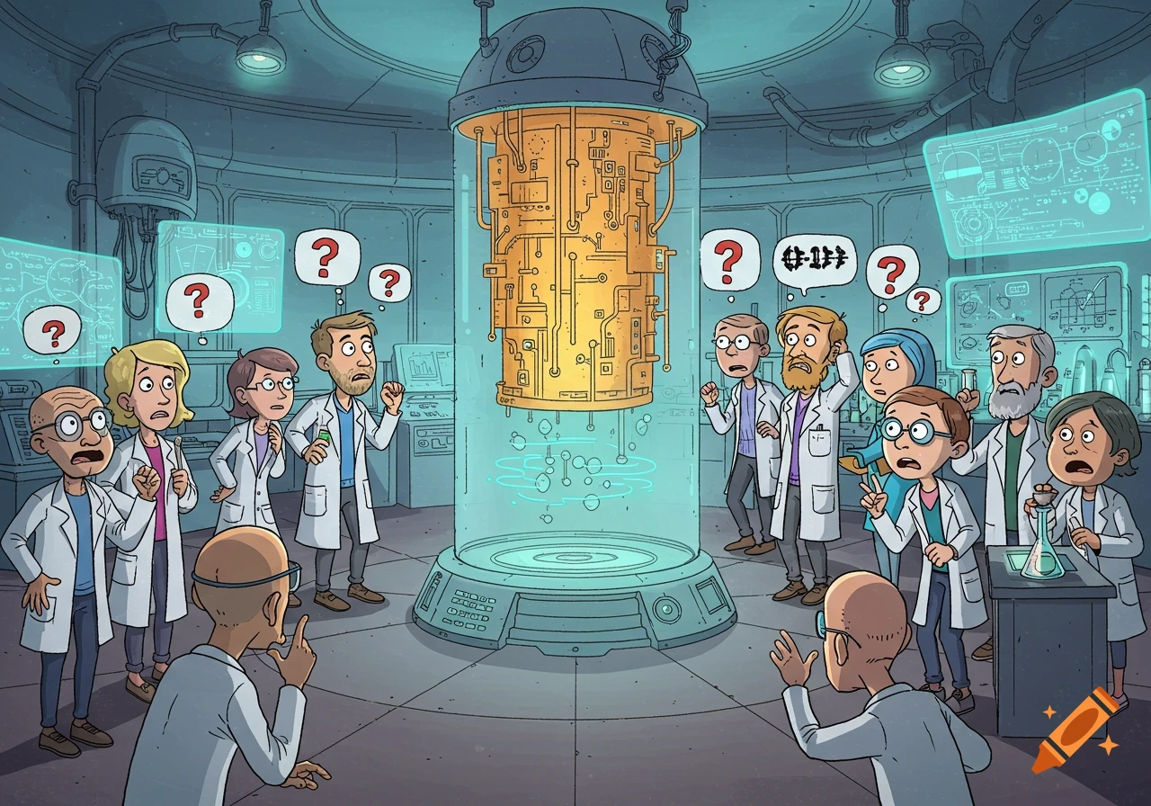 Funny cartoon of several puzzled scientists in a high-tech lab surrounding a glowing quantum computer.