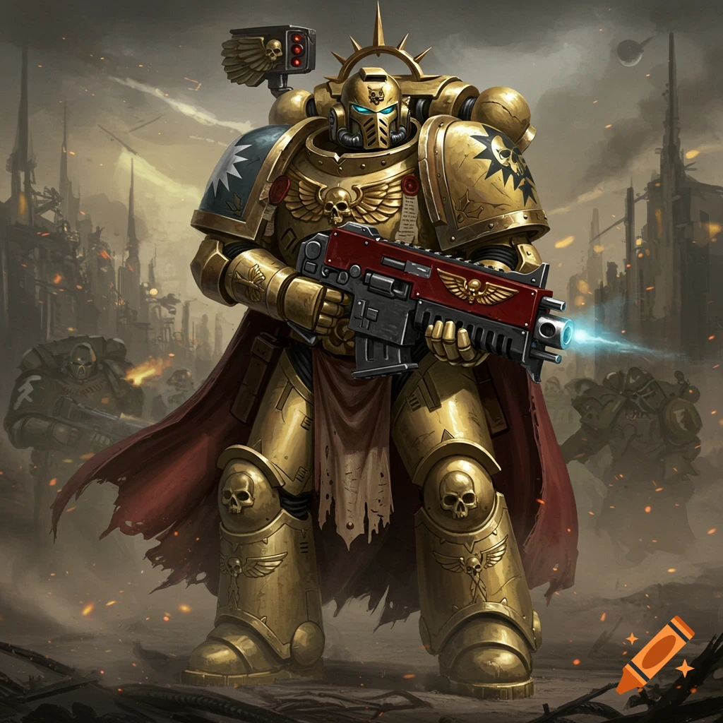 A gold armored Space Marine with a red and black gun stands in a war-torn city with other soldiers in the background.