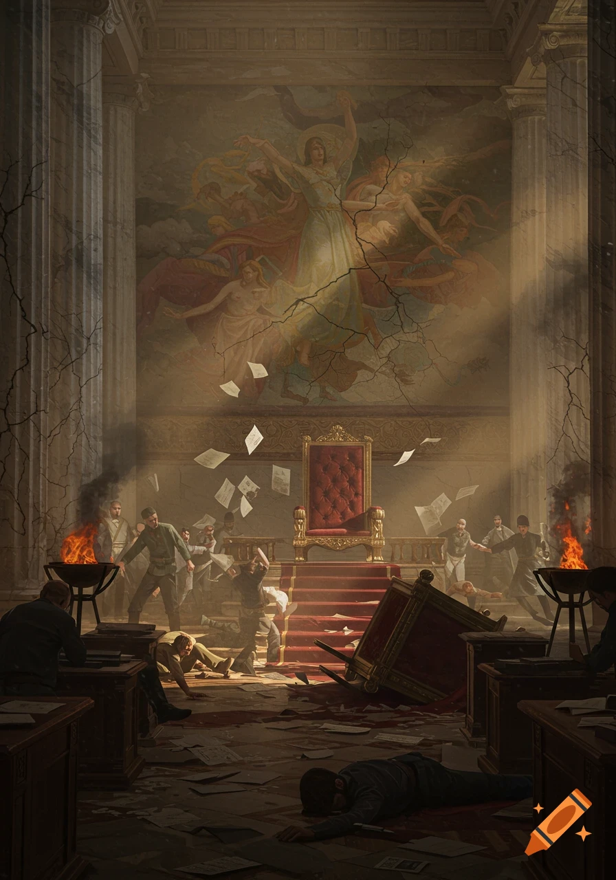 Chaotic, realistic scene of a government building in ruins with fighting figures, dead bodies, overturned furniture, fires, and a cracking mural.