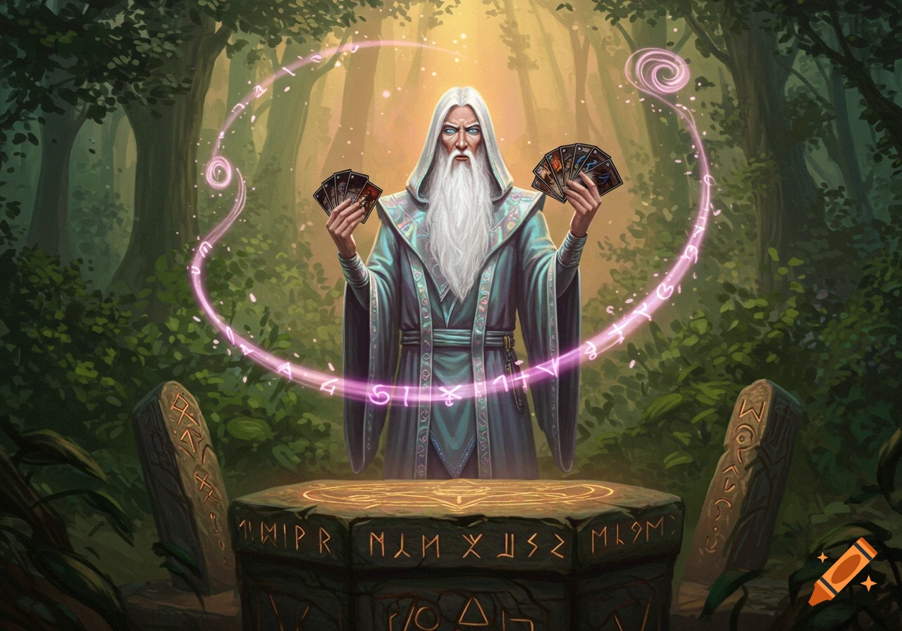 A white-bearded wizard in a blue robe holds several fantasy cards while casting a pink glowing spell in a sunlit forest.