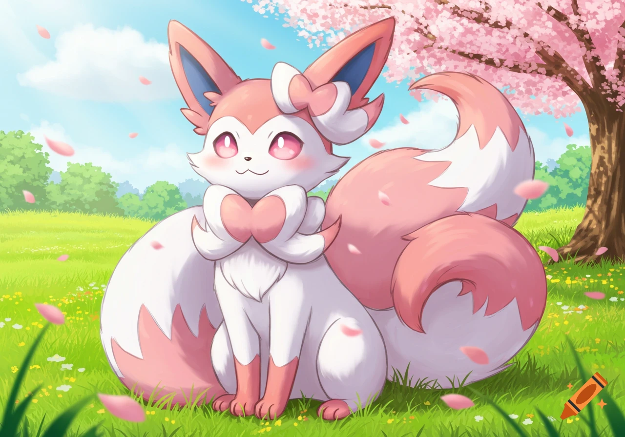 A cute pink and white fox-like Pokemon with large pink eyes sits in a grassy field with pink cherry blossoms falling around it, inspired by Japanese anime.
