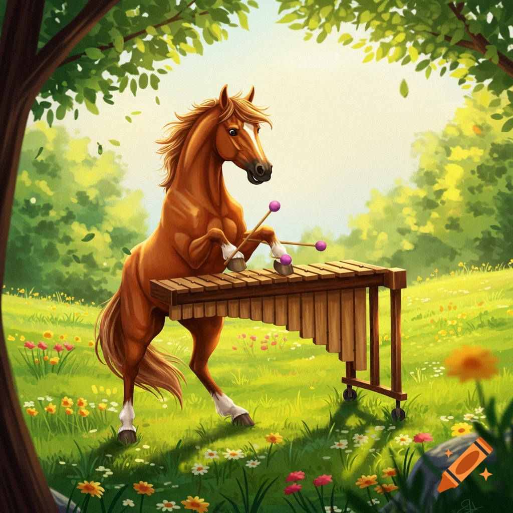 A brown horse stands on its hind legs playing a marimba with mallets in a whimsical forest meadow, illustration.