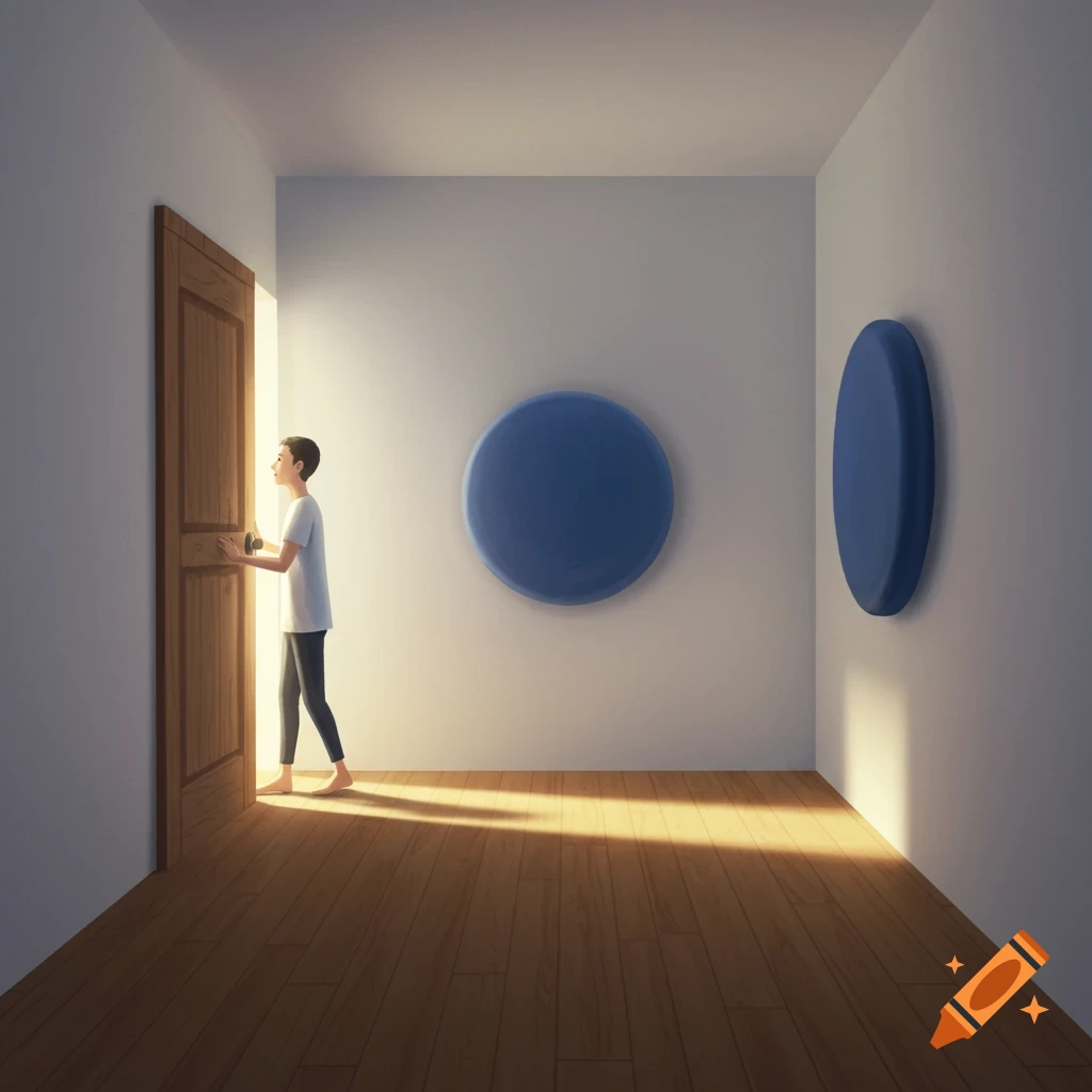 An illustration of a person opening a wooden door into a minimalist room with blue circular art on the walls and warm light on the floor.