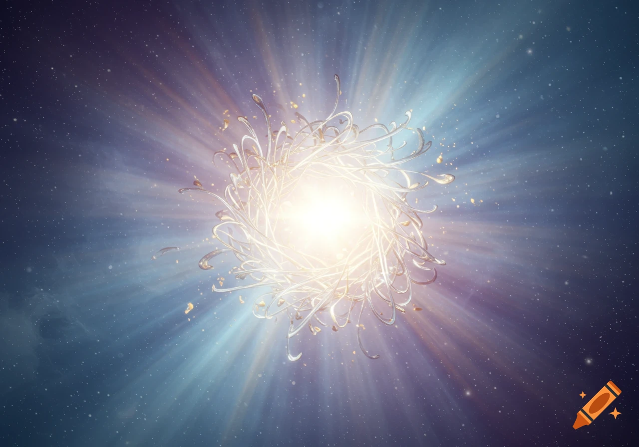 Abstract glowing orb with swirling tendrils, surrounded by bright light rays and particles against a dark, starry space background.