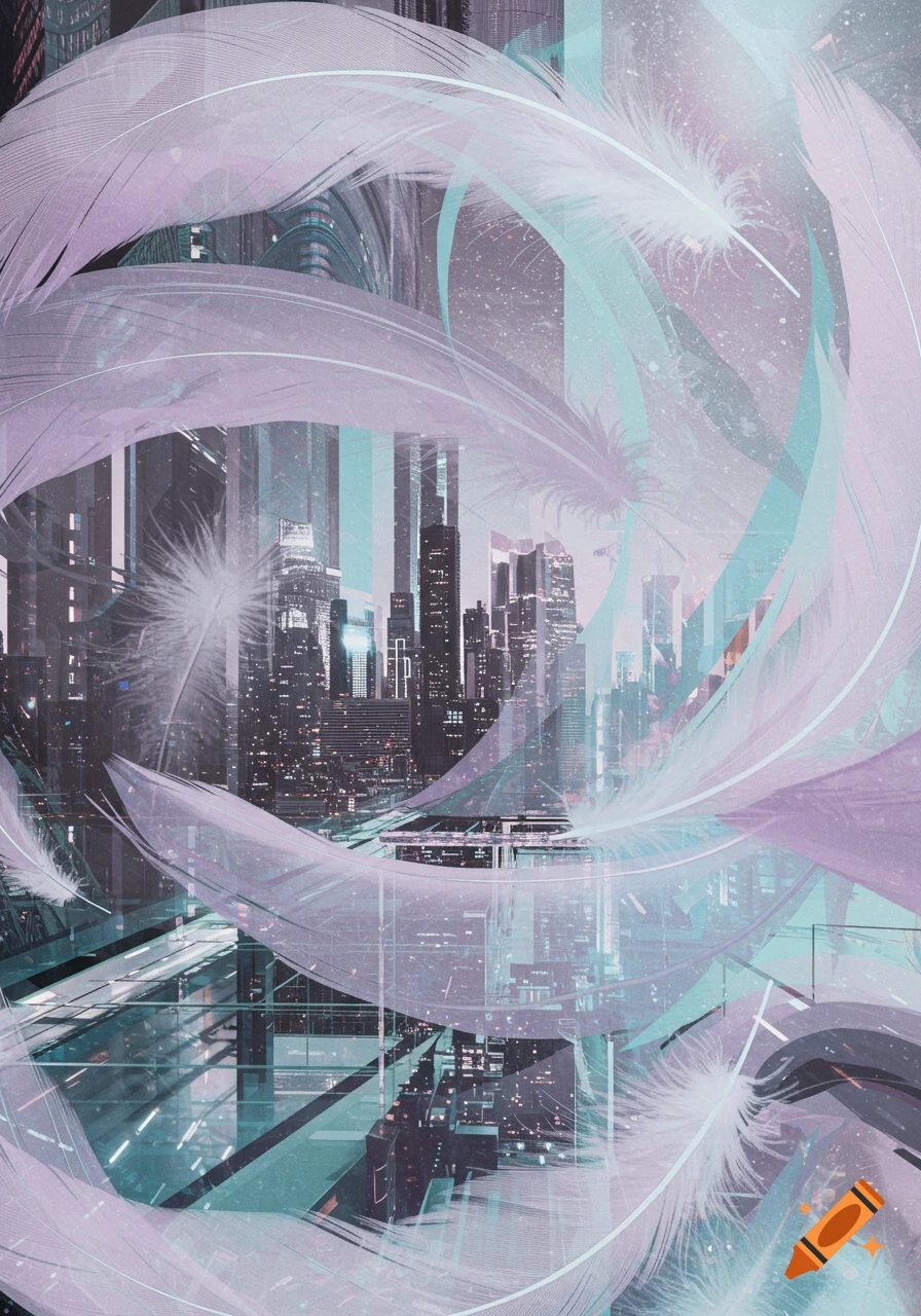 Abstract, ethereal image of purple and teal feathers swirling around a nighttime city skyline with glowing lights and modern buildings.