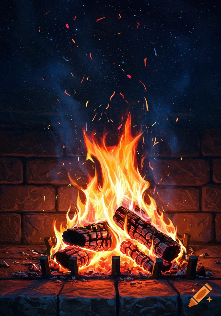 A vibrant illustration of a roaring fire in a brick fireplace, with logs burning and embers rising into a starry sky.