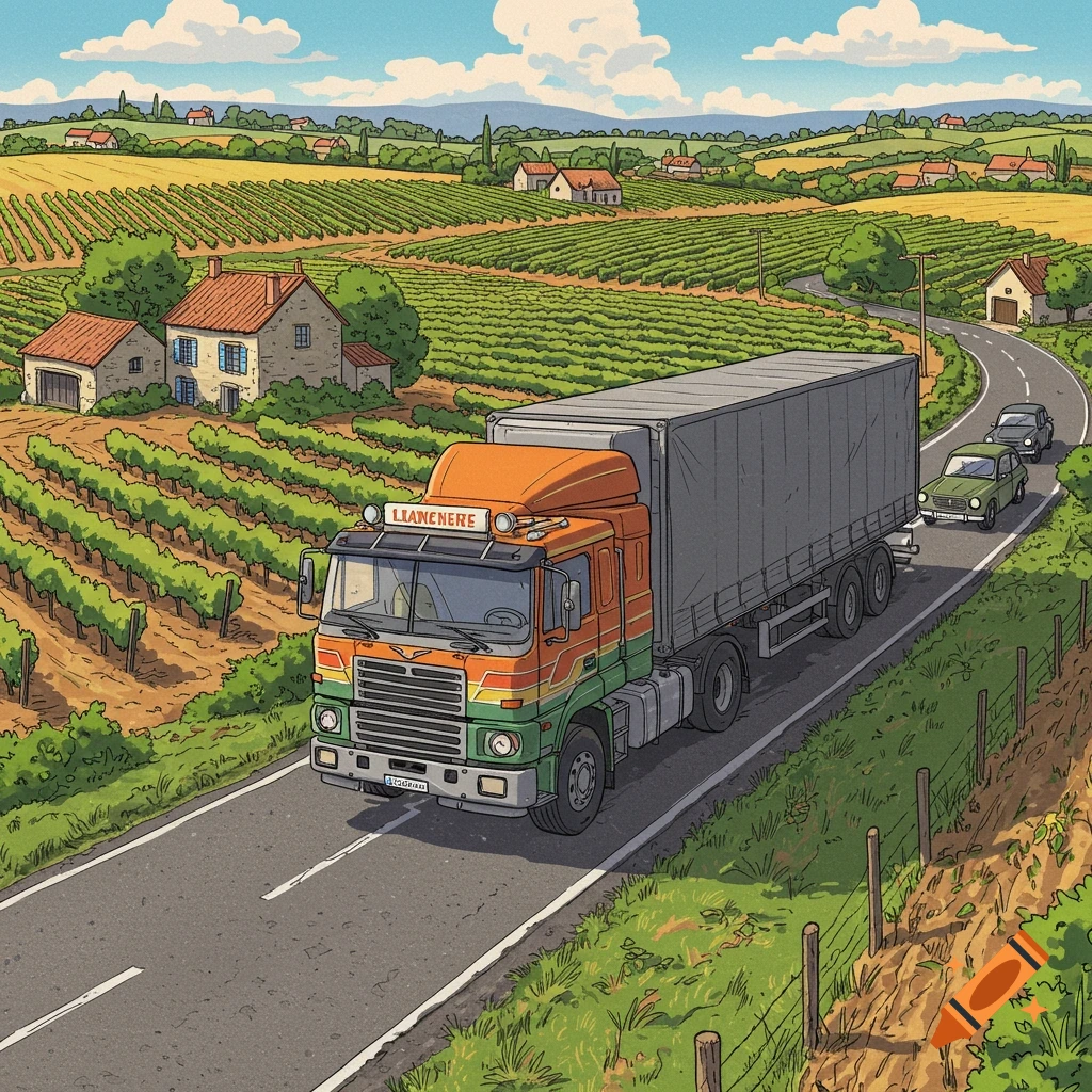 A cartoon-style semi-truck drives on a road through a sunny countryside with vineyards, houses, and rolling hills.