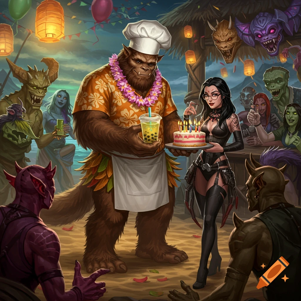 Fantasy illustration of a Sasquatch chef and a woman in a spider queen outfit with a birthday cake at a monster beach party.