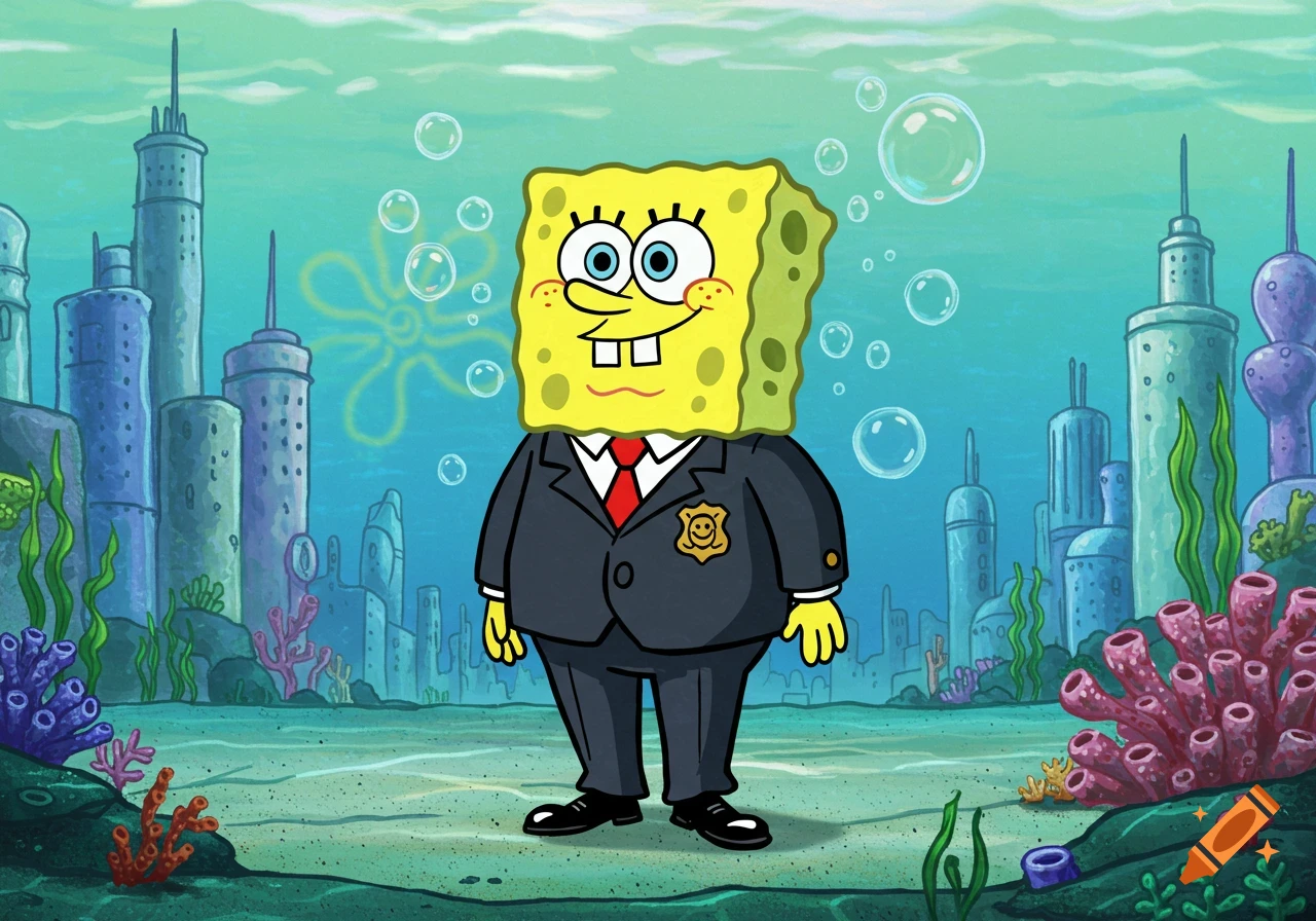Spongebob Squarepants in a dark suit with a badge, standing in an underwater city background with coral and bubbles.