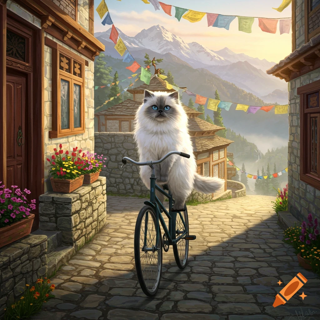 A fluffy Himalayan cat with blue eyes rides a bicycle down a cobblestone village path with prayer flags and mountains, in an illustrative style.