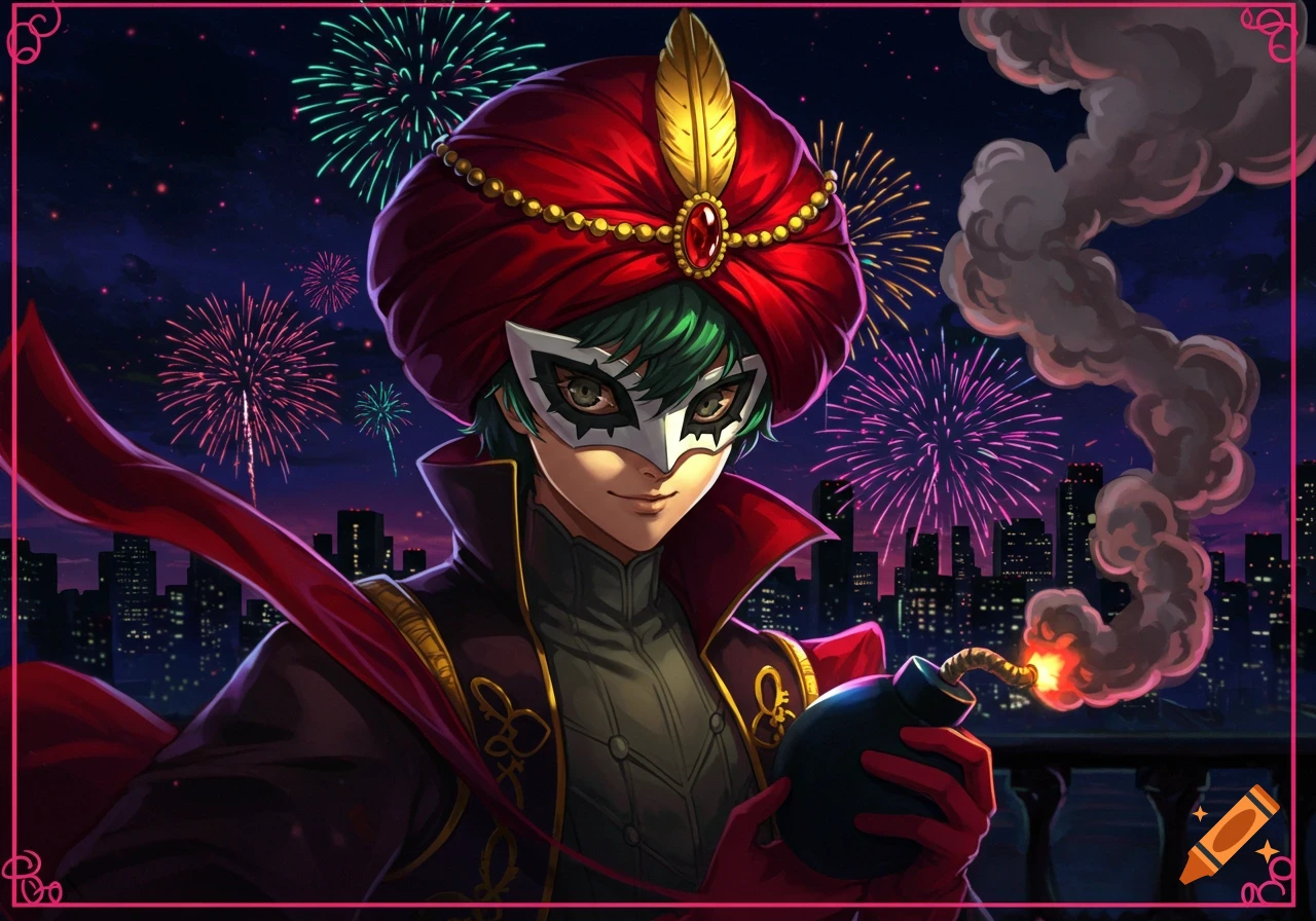 Anime illustration of Persona 5's Joker in a red turban and mask, holding a lit bomb on a rooftop with fireworks over a city at night.