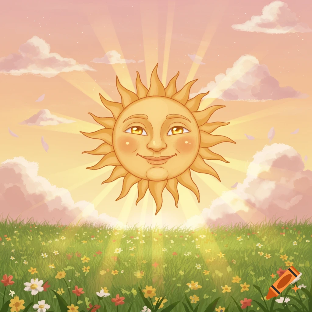 A friendly, anthropomorphic sun shines with rays over a green meadow filled with colorful flowers under a pink and orange sky.