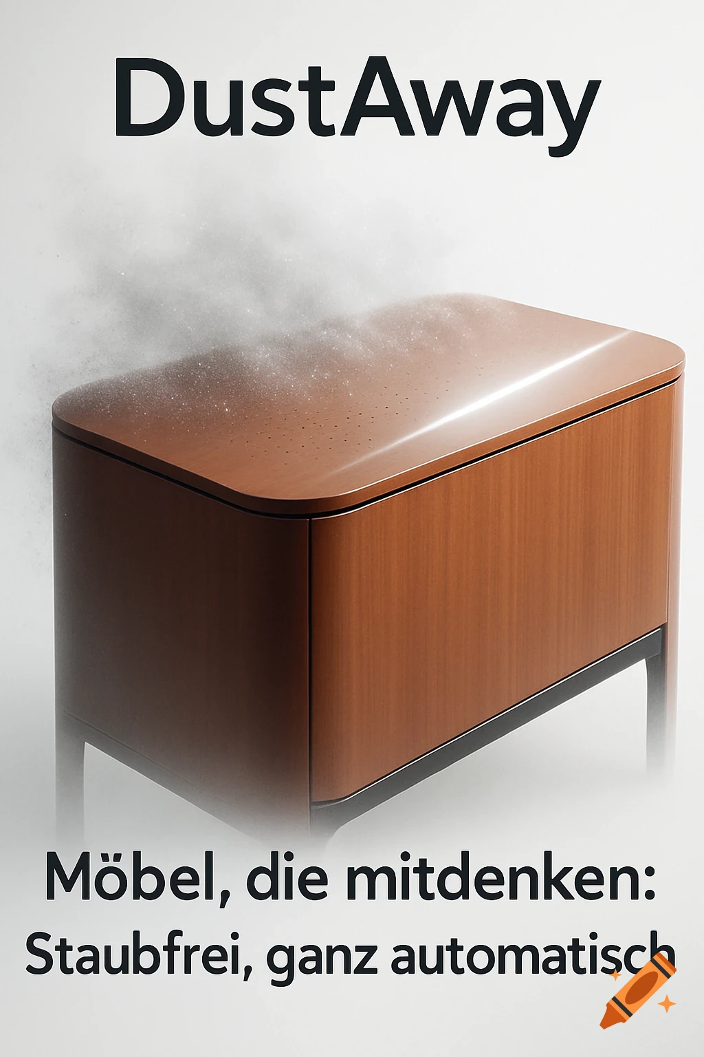 A modern, sleek wooden cabinet with "DustAway" logo and German slogan, showing dust being sucked into its top surface.