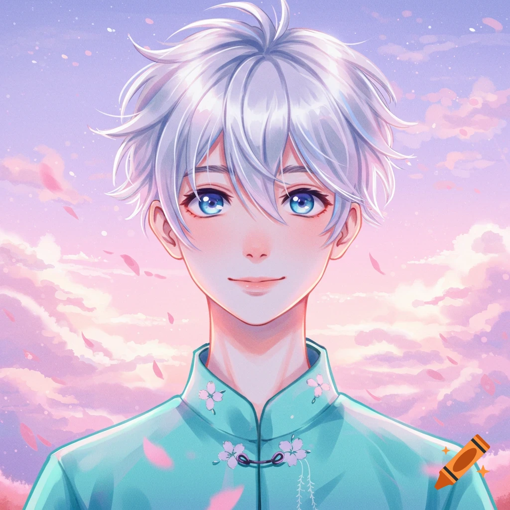 Anime boy with white hair and blue eyes, wearing a teal shirt, against a pink and purple sky with falling cherry blossoms.