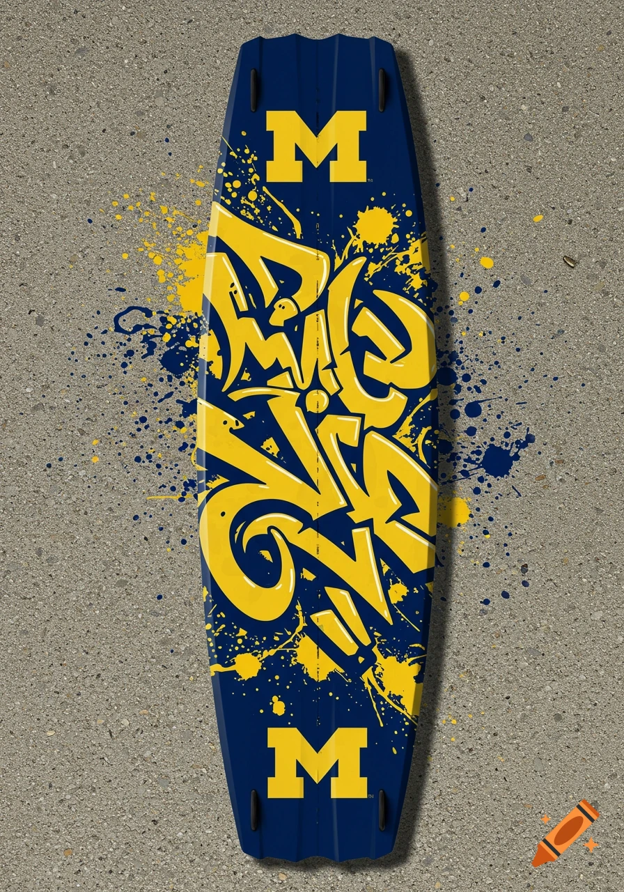 A blue and yellow University of Michigan themed wakeboard with graffiti art and paint splatters on a concrete ground.