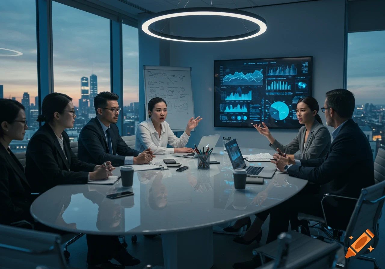 A group of professionals in suits discussing around a long conference table in a modern office with city views at dusk.