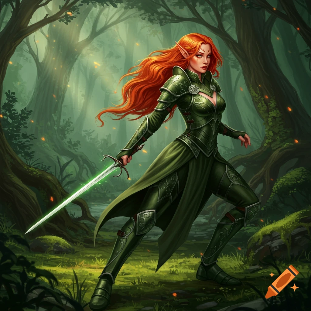 A red-haired female elven warrior in green armor holds a glowing sword in a mystical forest. Detailed illustration.