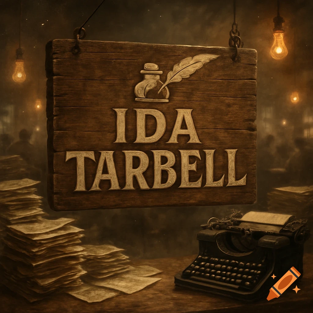 A vintage wooden sign reads 'IDA TARBELL' above an inkwell and quill, with stacks of papers and an old typewriter in a dimly lit, moody setting.
