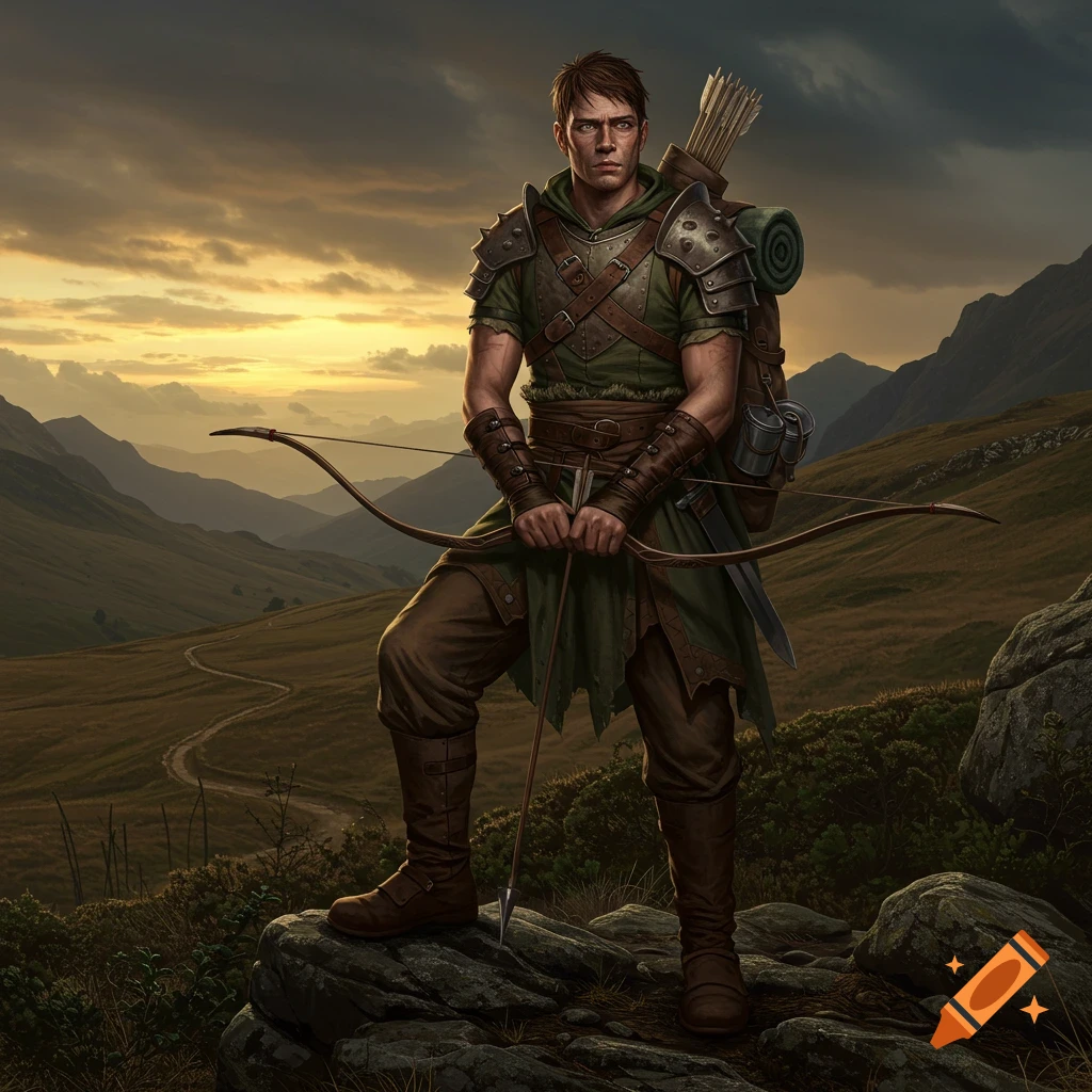 Photorealistic full-body portrait of a rugged human ranger holding a longbow, standing on a rock in a mountainous landscape at golden hour.