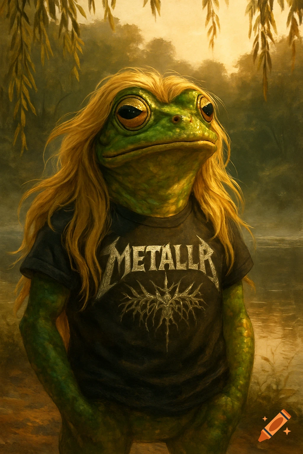 A green frog with long blonde hair and a black 'METALLR' metal band t-shirt stands by a misty pond in a painterly style.