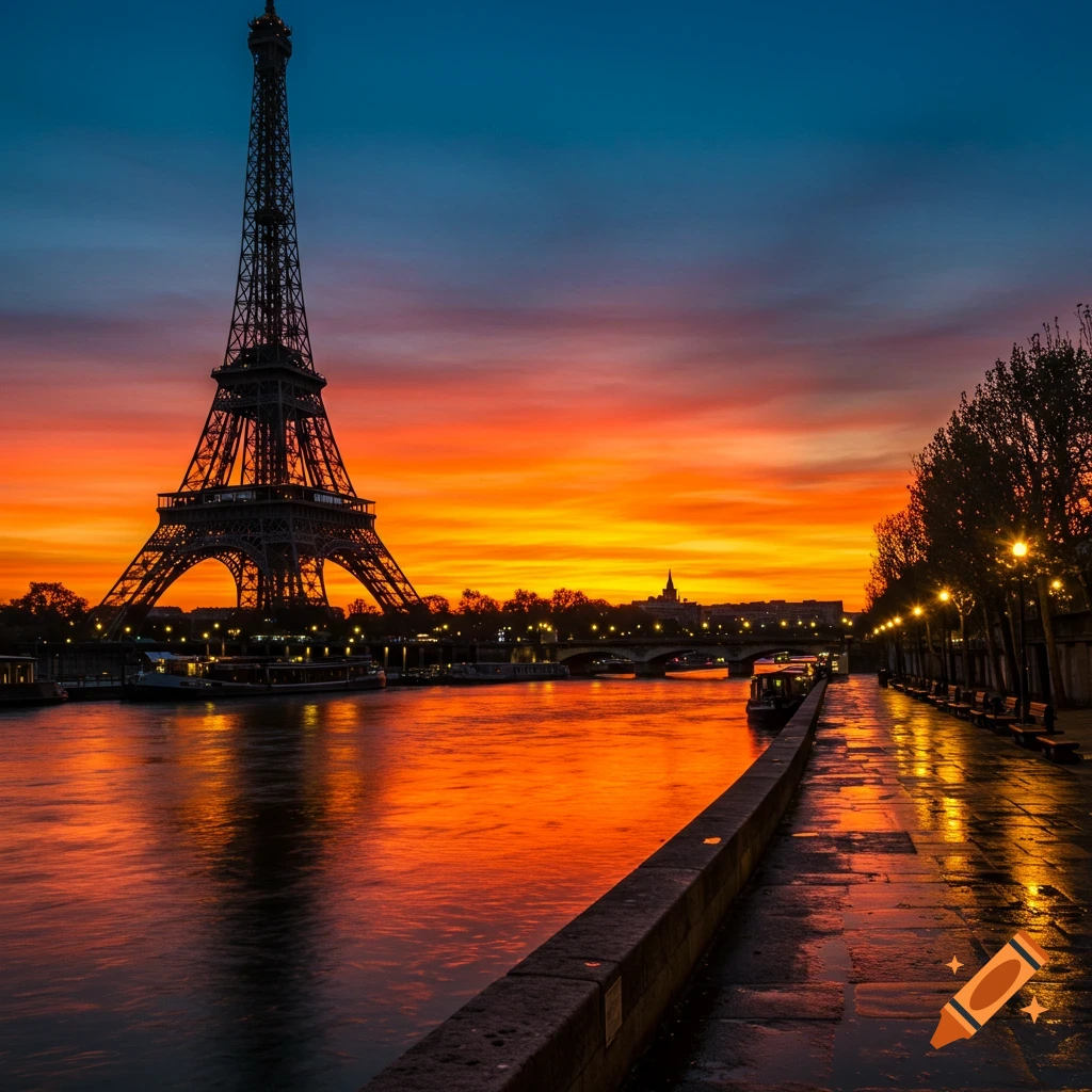 The Eiffel Tower stands against a vibrant orange and blue sunset over the Seine River in Paris, with city lights reflecting on the water.