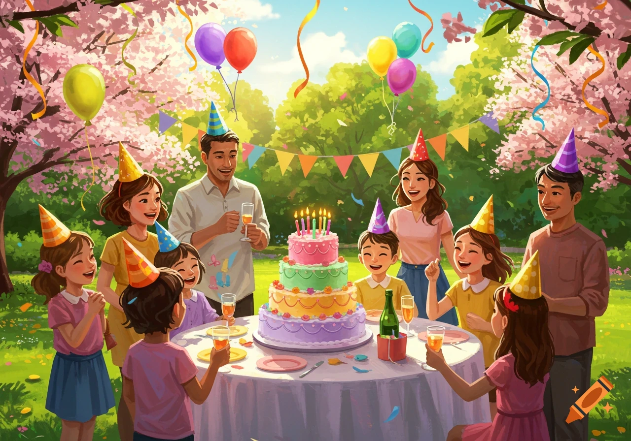 An illustration of a family celebrating a birthday outdoors with a large cake, balloons, and party hats under blooming trees.
