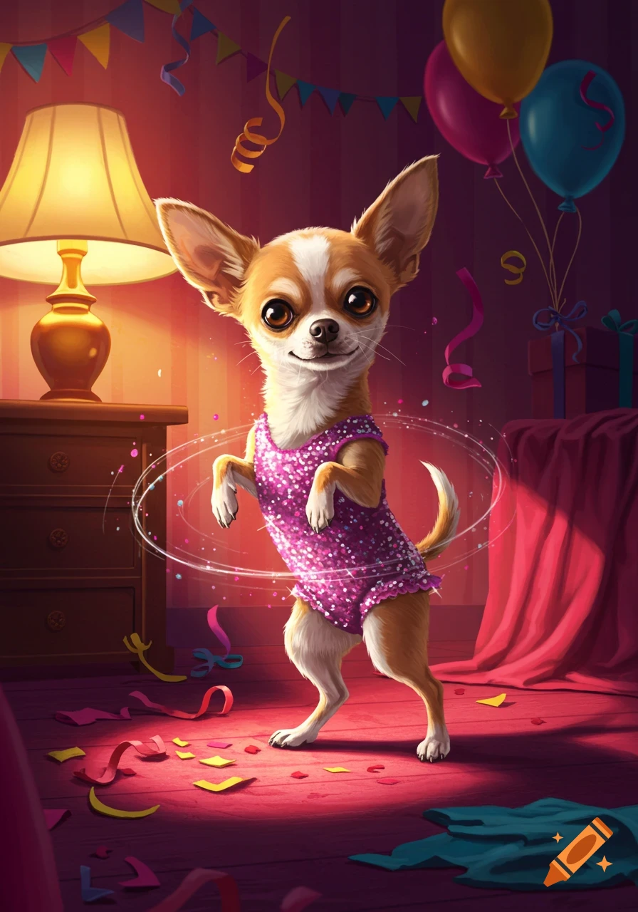 A cartoon chihuahua in a sparkly pink outfit dances amidst party decorations like balloons and confetti.