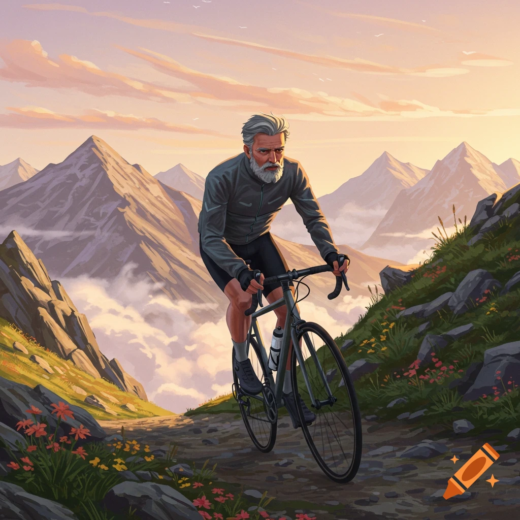 Illustrated grey-haired bearded man cycling uphill on a mountain path at sunrise, with peaks and clouds in the background.