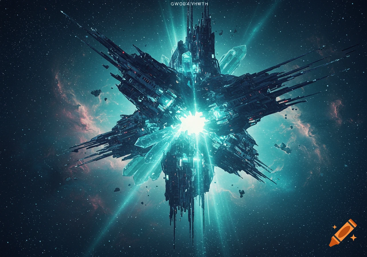 A glowing, intricate futuristic structure resembling a crystal-like spaceship in deep space amidst nebulae and asteroids.