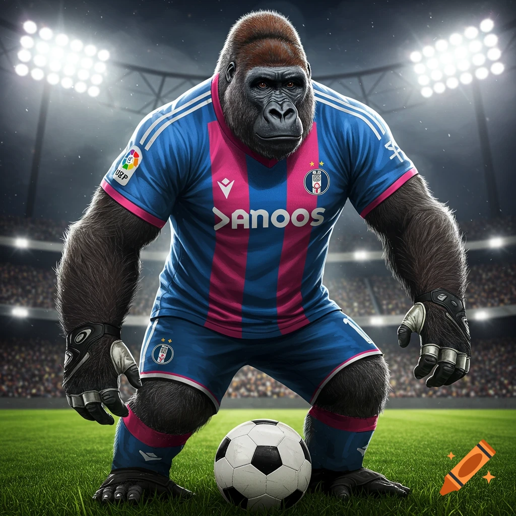 A muscular gorilla in a blue and pink soccer uniform and goalie gloves stands on a soccer field with a ball in front of it, in a stadium.