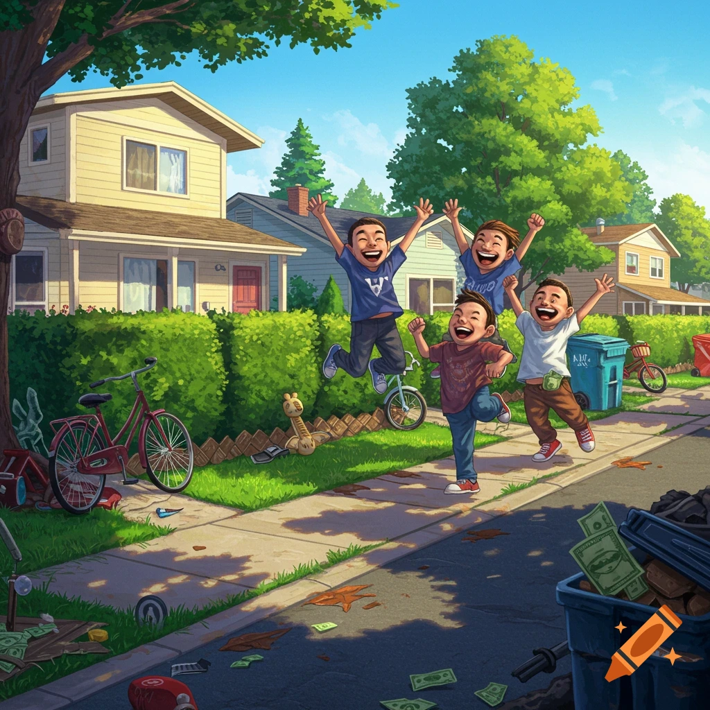 Four happy boys jump and cheer on a residential street with houses, trees, and scattered junk and dollar bills, in a vibrant cartoon style.