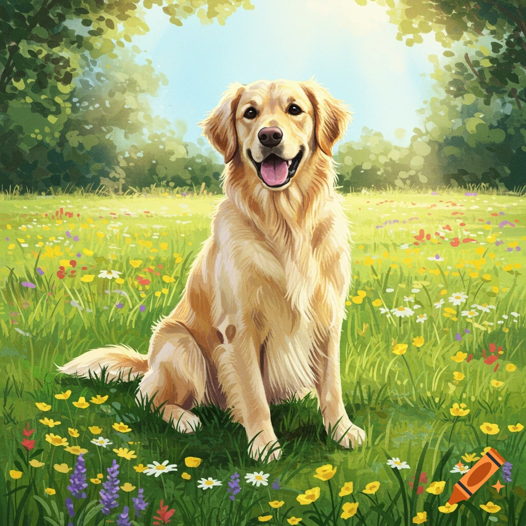 A happy Golden Retriever sits in a vibrant field of wildflowers under a bright sky, illustrated in a friendly style.