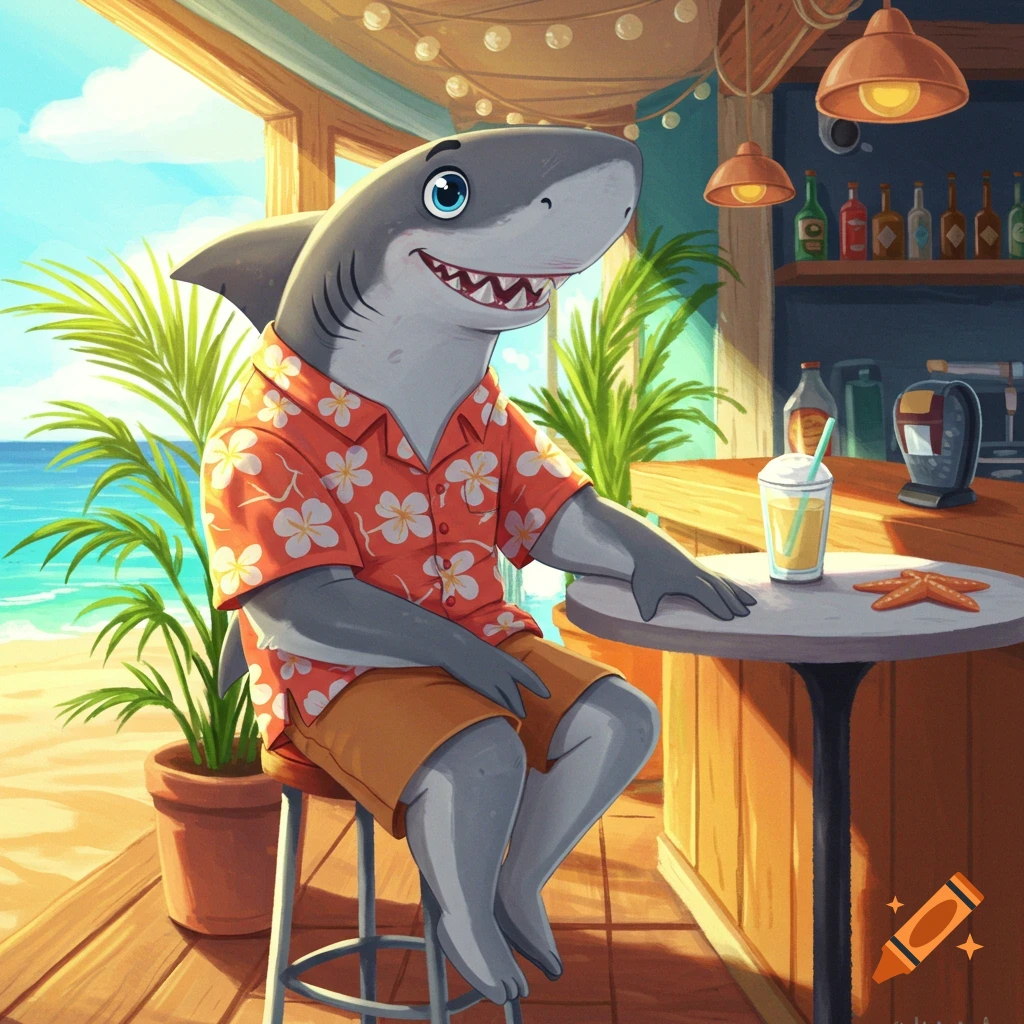 A friendly cartoon shark in a Hawaiian shirt and shorts sits at a beach bar with a drink, smiling.